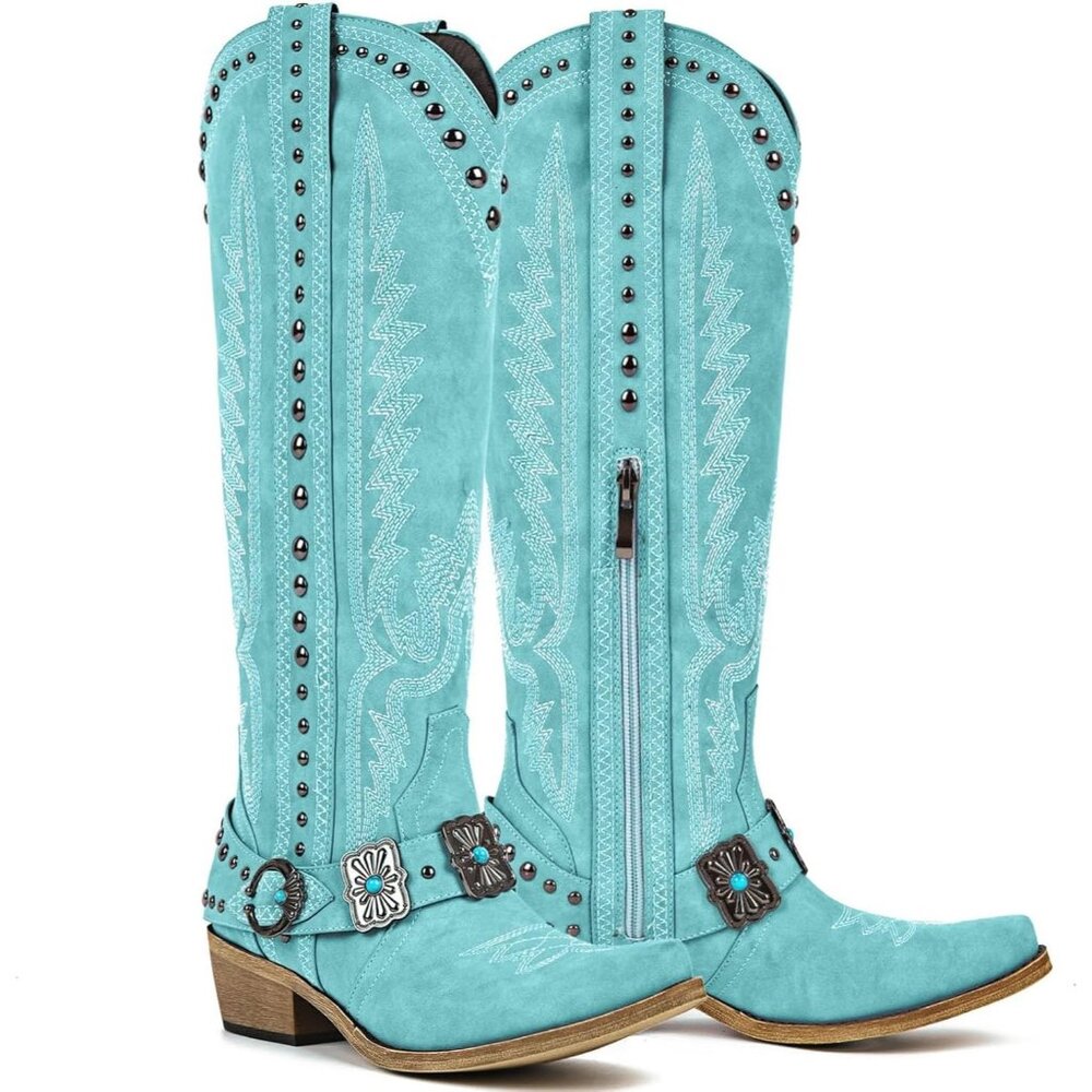 Women's Blue Knee High Western Cowgirl Boots with Embroidery Belt Buckle - Picture 1 of 3